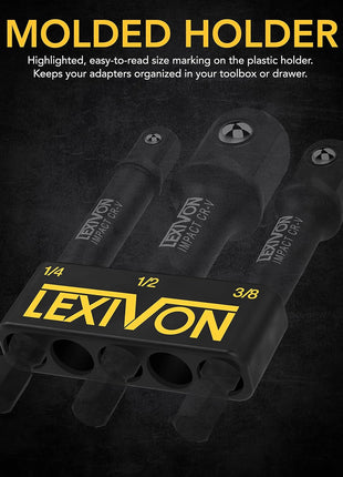 LEXIVON Impact Grade Socket Adapter Set, 3" Extension Bit With Holder | 3-Piece 1/4", 3/8", and 1/2" Drive, Adapt Your Power Drill To High Torque Impact Wrench (LX-101)