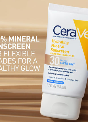CeraVe Hydrating Mineral Sunscreen SPF 30 with Sheer Tint, Tinted Mineral Sunscreen with Zinc Oxide & Titanium Dioxide, Blends Seamlessly For Healthy Glow, Medium, 1.7 Fluid Ounce