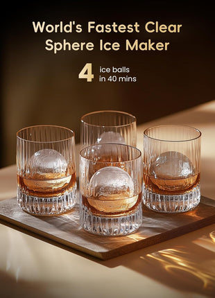 ecozy 2" Clear Ice Ball Maker Countertop 144 Pcs/Day Sphere Ice Machine | CrystalFlux Technology, 4 Pcs in 40 Mins , Automatic Water Supply, Self-Cleaning, Enhanced Insulation