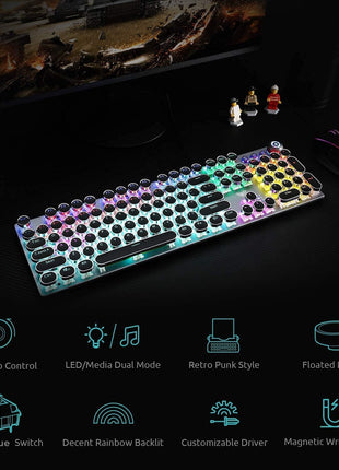 AULA F2088 Typewriter Style Mechanical Gaming Keyboard Wired,Blue Switches,Rainbow LED Backlit,Removable Wrist Rest,Media Control Knob,Retro Punk Round Keycaps,USB Wired Computer Keyboard