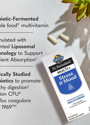 Garden of Life Dr. Formulated Multi+ Stress & Mood, Fermented Liposomal Multivitamin + Ashwagandha, B Vitamins & Probiotics - 60 Capsules, Whole Food Vitamin & Mineral Supplement