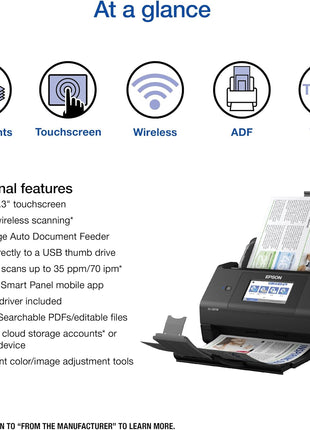Epson Workforce ES-580W Wireless Color Duplex Desktop Document Scanner | For Computers including PC and Mac 100 Sheet ADF 4.3 in Touchscreen Black