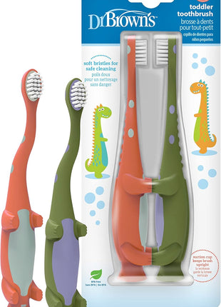 Dr. Brown's Baby and Toddler Toothbrush, Green and Orange Dinosaur 2-Pack, 1-4 Years