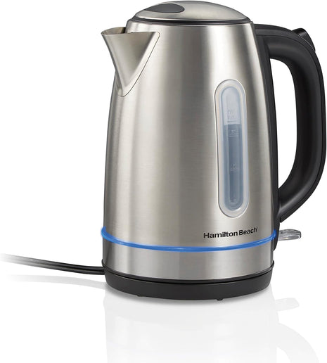 Hamilton Beach 1.7 Liter Electric Tea Kettle, Water Boiler & Heater | Fast Boiling 1500 Watts | BPA Free | Cordless Serving | Auto-Shutoff & Boil-Dry Protection | LED Light Ring | Stainless Steel