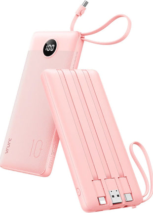 VRURC Portable Charger Power Bank, Built-in 4 Cables & 2 Ports,10000mAh Slim Battery Pack with LED Display, Travel Essential USB C Portable Phone Charger for All Cell Phones Devices-Pink(1 Pack)