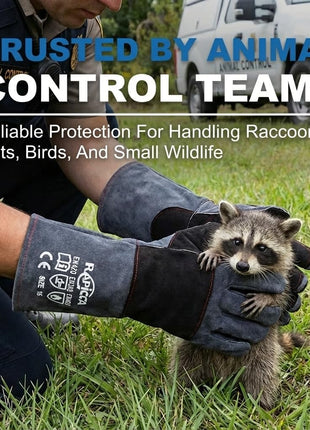 RAPICCA Animal Handling Gloves Bite Proof Double Leather Reinforced Padding Dog,Cat Scratch,Bird Handling Falconry Gloves Grabbing Reptile Squirrel Snake Bite 16in Grey-Black