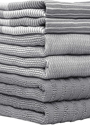Premium Kitchen Towels 6 Pack 100% Cotton, 20"x28" Dish Towels - Grey | Large Flat & Terry Kitchen Linen Set with Hanging Loops, Highly Absorbent for Washing and Drying Dishes
