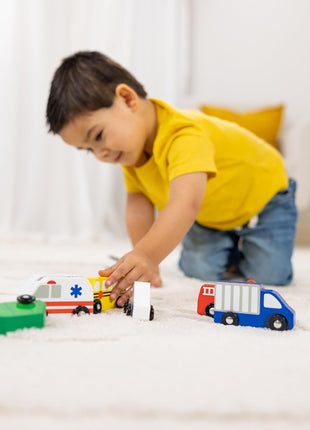 Melissa & Doug Wooden Town Vehicles Set in Wooden Tray (9 pcs)