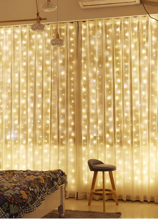 ZSJWL 300 LED Curtain Fairy Lights with Remote, 9.8 × 9.8 Ft, USB Plug in | 8 Modes, Waterproof, Twinkle Silver Wire, String Lights for Bedroom, Windows, Christmas, Wedding and Party Decor, Warm White