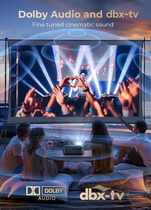 [2500 ANS & 50W] Alvar Outdoor Projector 4K Support with WiFi 6 and Bluetooth, dbx-tv Sound, Built in NetfIix App & DoIby Audio Proyector, Auto Focus & Keystone Smart for Soccer Match