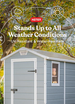Keter Manor 4x6 Resin Outdoor Storage Shed Kit-Perfect to Store Patio Furniture, Garden Tools Bike Accessories, Beach Chairs and Lawn Mower, Grey & White