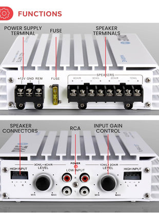 Pyle Hydra Marine Amplifier - Upgraded Elite Series 400 Watt 4 Channel Audio Amplifier, Waterproof, 12 volt, Dual MOSFET Power Supply, GAIN Level Controls, RCA Stereo Input & LED Indicator - PLMRA400