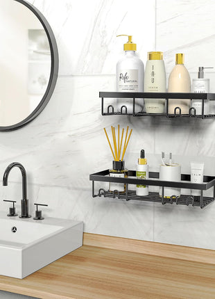 Moforoco Shower Caddy Shelf Organizer Rack, Self Adhesive Black Bathroom Shelves Basket, Home Farmhouse Wall Inside Organization and Storage Decor Rv Accessories, First Camper Apartment Essentials