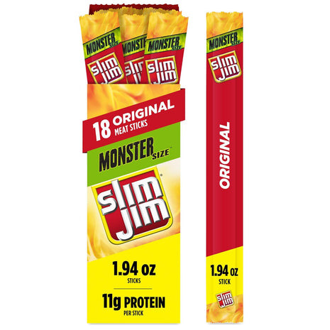 Slim Jim Monster Smoked Meat Sticks, Original Flavor, High Protein Easter Basket Stuffer for Men, 1.94 oz. (18 Count)