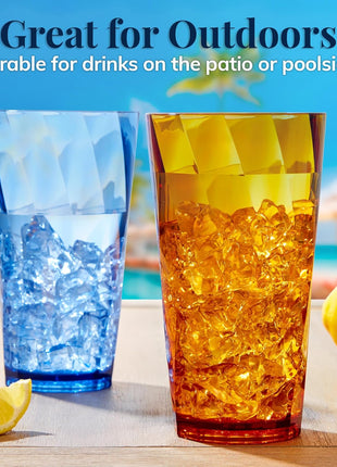 US Acrylic Optix Plastic Reusable Drinking Glasses (Set of 8) 20oz Water Cups in Jewel Tone Colors | BPA Free Tumblers, Made in USA | Top Rack Dishwasher Safe