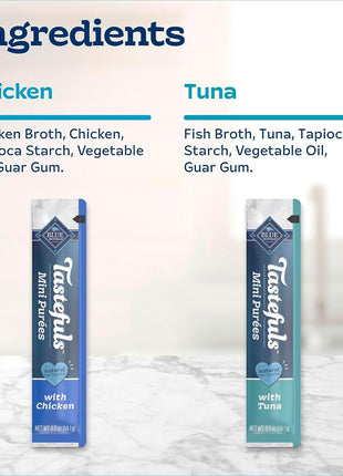 Blue Buffalo Tastefuls Mini Purées, Adult Cat Natural Single-Serving Snack, 4-Count Variety Pack Chicken and Tuna, 0.5 oz. (Pack of 4)