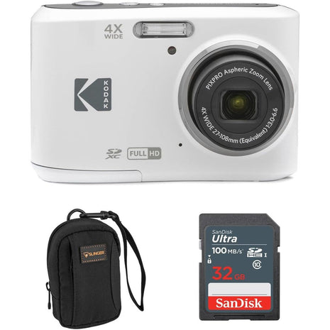 Kodak PIXPRO FZ45 Friendly Zoom 16MP Full HD Digital Camera, White, Bundle with 32GB Memory Card and Camera Bag