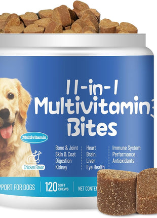 11-in-1 Dog Multivitamin Supplement with Glucosamine - 120 Soft Chews - Hip & Joint, Pet Immune Support, Heart, Skin & Coat, Digestion - Senior & Puppy Multivitamin for Dogs