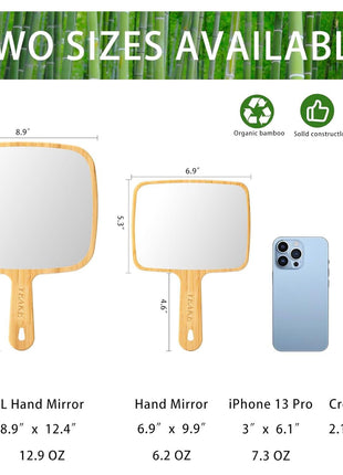 YEAKE Hand Mirror,Natural Bamboo Handheld Mirror with Handle, Single-Sided Portable Travel Vanity Mirror for Men & Women,6.9" W x 9.9" L