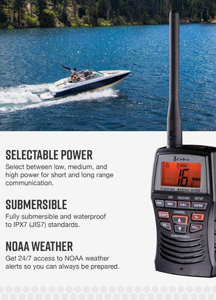 Cobra VHF Marine Radio - MR HH150 FLT - 3 Watt, Floating, Long Range, Handheld, NOAA, International, Waterproof, Submersible, Weather Alerts, LCD Screen, Belt Clip