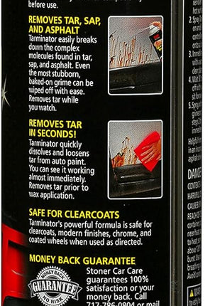 Stoner Car Care 91154 Tarminator Tar, Sap, and Asphalt Remover – Fast Acting Tar and Sap Remover for Cars – Clear Coat Safe Auto Cleaner for Paint, Chrome and Wheels – 10 oz