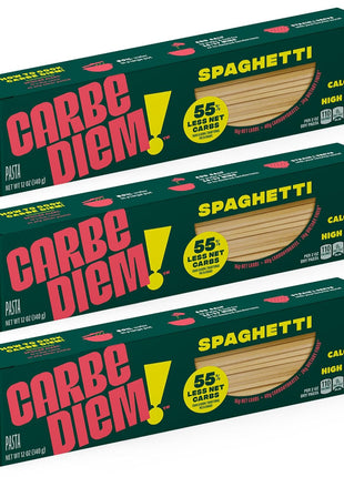 Carbe Diem!, Spaghetti, Lower Net Carb Pasta with Traditional Flavor & Texture, 8 grams of Protein, 55% Fewer Net Carbs & Only 110 Calories Per Serving, Pack of 3