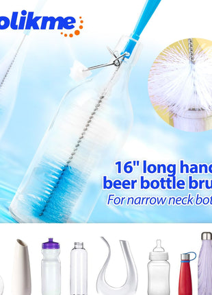 Holikme Bottle Brush Tube Cleaning Lab Set with Long Handle, Cup Cleaner for Washing Narrow Neck Beer Wine Decanter Pipes Lids Sinks Cap Covers, White