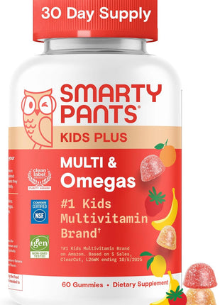 SmartyPants Kids Multivitamin Gummies with Omega 3 DHA/EPA, Vitamins D3, C, B12, B6, A, K, and Zinc, Gluten Free, Clean Label, Three Fruit Flavors, 60 Gummies (30 Day Supply)