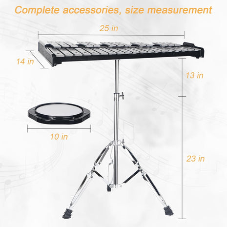 Professional 32 Note Glockenspiel xylophone Bell Kit for beginner :Muted Practice Pad Percussion Kit for Adult, with Three Types of Drumsticks, Adjustable Stand&Carrying Bag