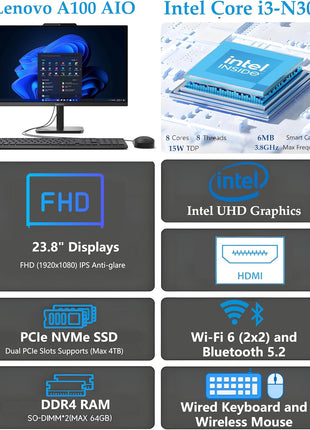 Lenovo 23.8" i3-N305 16GB 512GB SSD All-in-One Desktop Computer | FHD AIO Display, WiFi 6, Bluetooth 5.2, Windows 11, Lifetime Office 365 for Web, White, Home Office