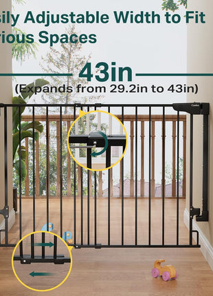 Cumbor 29.2–43" Baby Gate for Stairs, Hardware Mounted (Drill Required), Expandable No Bottom Bar Dog Gate, Auto Close Extra Wide Walk Thru, Pet & Toddler Proof Gate, Top & Bottom of Stairways(Black)