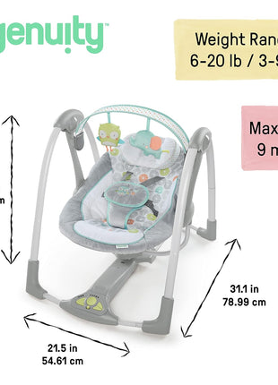 Ingenuity Swing 'n Go 5-Speed Baby Swing - Foldable, Portable, 2 Plush Toys & Sounds, 0-9 Months 6-20 lbs (Hugs & Hoots)