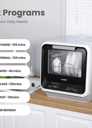 COMFEE' Portable Mini Dishwasher Countertop with 1.32Gal Built-in Water Tank for Apartments& RVs, No Hookup Needed, 6 Programs, 360° Dual Spray, 162°F High-Temp& Air-Dry Function