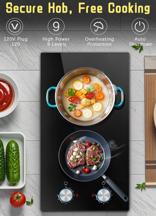 2 Burner Electric Cooktop 110V, Knob 12 Inch Electric Stove Top | 120V Stove Top Burner Knob Control, 2000W Countertop Stove, Timer, 9 Heating Levels, Overheat Protection, High-Temp Alarm