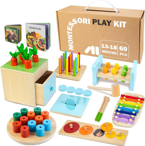 WOODMAM Wooden Montessori Toys for 1+ Year Old, 9 in 1 Educational Play Kit | Baby Toys 13-18 Months, One Year Old Boy Girl Birthday Gift, Early Learning Toys with Xylophone, Pound Bench, Shape Puzzle