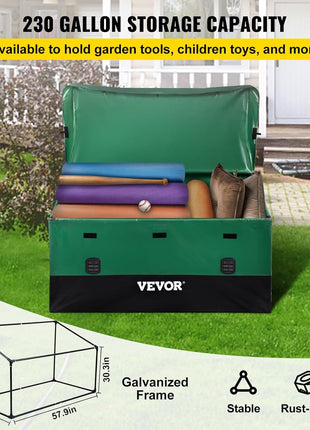 VEVOR Outdoor Storage Box, 230 Gallon Waterproof PE Tarpaulin Deck Box w/Galvanized Frame, All-Weather Protection & Portable, for Camping, Garden, Poolside, and Yard, Black & Green