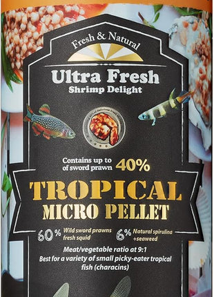 Ultra Fresh Tetra Fish Food, Slow Sinking, All Natural Ingredients, Wild Sword Prawns, Spirulina, Color Enhancement, Small Granules , Tropical Micro Pellet 1.87 oz