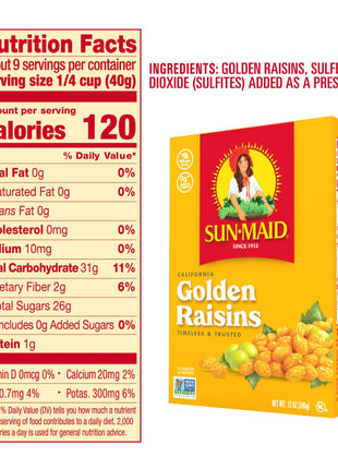 Sun Maid California Golden Raisins   12 oz Sharing Size Box   Dried Fruit Snack for Lunches, Snacks, and Natural Sweeteners
