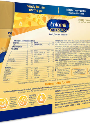 Enfamil NeuroPro Ready to Feed Baby Formula, Brain Building Duo DHA & MFGM, Exclusive Immune Supporting HuMO6 Blend, Enfamil Ready to Feed Infant Formula, 8 fl oz, 6 count, Total 24 bottles