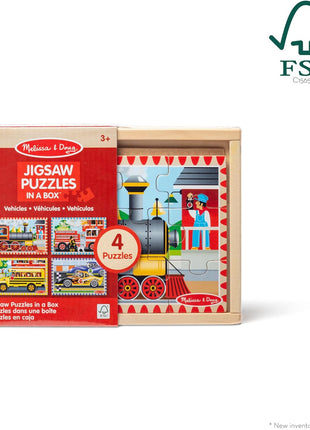 Melissa & Doug 4‐in‐1 Wooden Vehicle Jigsaw Puzzle Set, 48 Pieces with Storage Box, Toddler Puzzle Toy for Kids Ages 3+- FSC Certified
