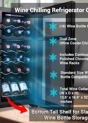NutriChef PKCWCDS188 Freestanding Wine Fridge, 18 Bottle Dual Zone Beverage Cooler for Home & Office, 32x13x19 inches, Adjustable Temp 41-64F, Black