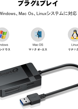 SmartQ C368 USB 3.0 Card Reader - Plug & Play, Compatible with Apple & Windows, Supports SD, Micro SD, MS, CF Cards