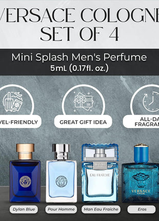 Versace Cologne for Men Set of 4 Mini Eros, Pour Homme, Dylan Blue, Eau Fraiche Perfume for Men Fragrance Sampler Set - Designer Mens Cologne Samples (4 Count, 0.17 oz)