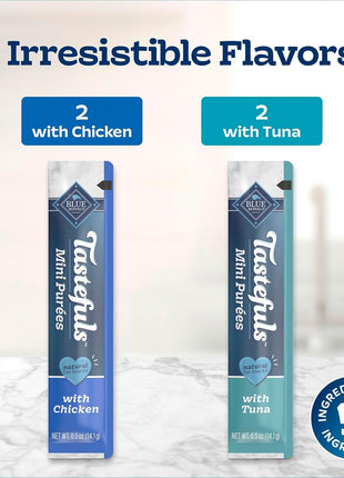 Blue Buffalo Tastefuls Mini Purées, Adult Cat Natural Single-Serving Snack, 4-Count Variety Pack Chicken and Tuna, 0.5 oz. (Pack of 4)