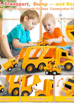 Construction Truck Toys for Toddler 3-4: 5-in-1 Vehicles with Sound Lights | 13 inch Big Carrier 4 Mini Truck - Great for Little Boys Daily Repeat Play - Ideal Christmas Birthday Gifts for Boy Grandkids