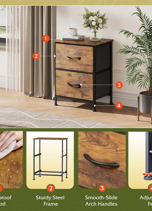 WLIVE Night Stand, Small 2 Drawer Dresser, Nightstand with Fabric Bins for Bedroom, Closet, Dorm, Rustic Brown Wood Grain Print, 11.8 inch D x 15.7 inch W x 20.9 inch H