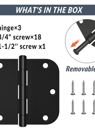 HOSOM Door Hinges 3 Pack Rounded Matte Black Door Hinge 3.5 x 3.5 inch with 5/8 Radius, Black 3 1/2 Interior Door Hinges, 3 ½ inchx 3 ½ inch Hardware