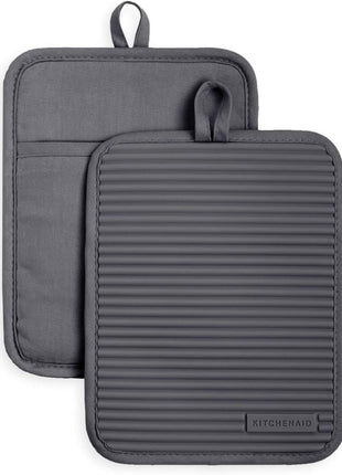 KitchenAid Ribbed Soft Silicone Pot Holder 2 Pack Set, Milkshake Tan, 7 inchx9 inch