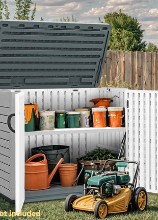 DWVO Outdoor Storage Shed, Weatherproof Resin, 35 Cu Ft Capacity, Horizontal Design, X-Shaped Lockable Door, Suitable for Bike, Garden Tools, Trash Cans, Light Gray