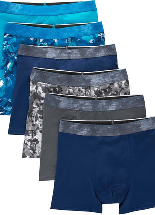 Hanes Boys' Big Performance Tween Boxer Briefs Underwear, Assorted Prints & Solids, 6-Pack, Blue/Grey-6 Pack